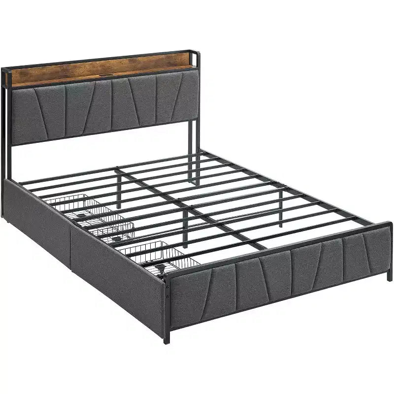 Queen Size Bed Frame with LED Lights and Charging Station, 2 Storage Drawers, Upholstered Bed Storage Headboard & Drawers, Easy Assembly, Noise Free