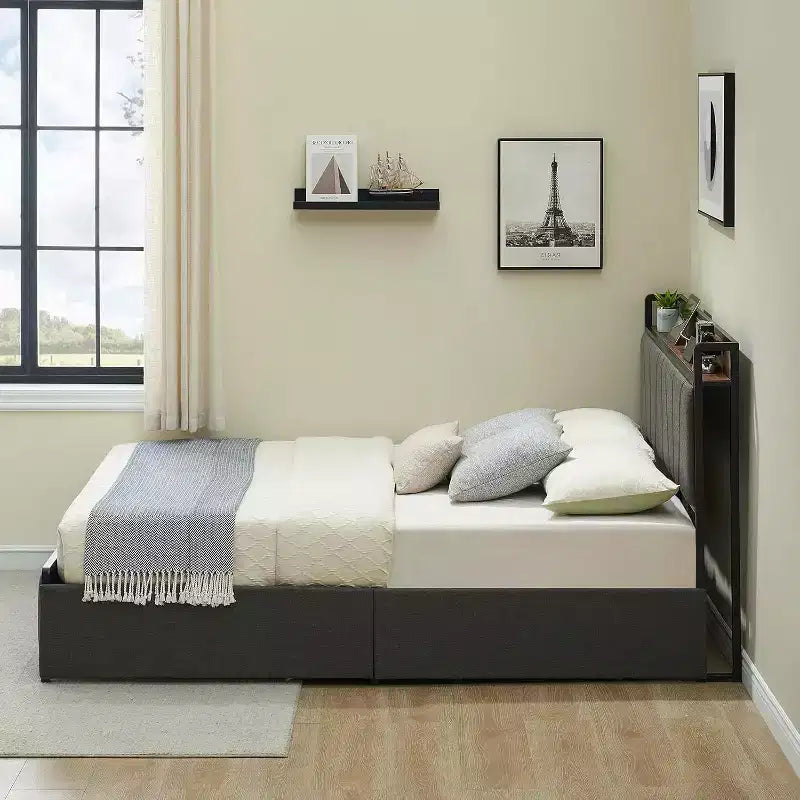 Queen Size Bed Frame with LED Lights and Charging Station, 2 Storage Drawers, Upholstered Bed Storage Headboard & Drawers, Easy Assembly, Noise Free