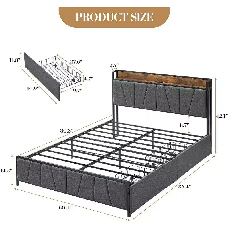 Queen Size Bed Frame with LED Lights and Charging Station, 2 Storage Drawers, Upholstered Bed Storage Headboard & Drawers, Easy Assembly, Noise Free