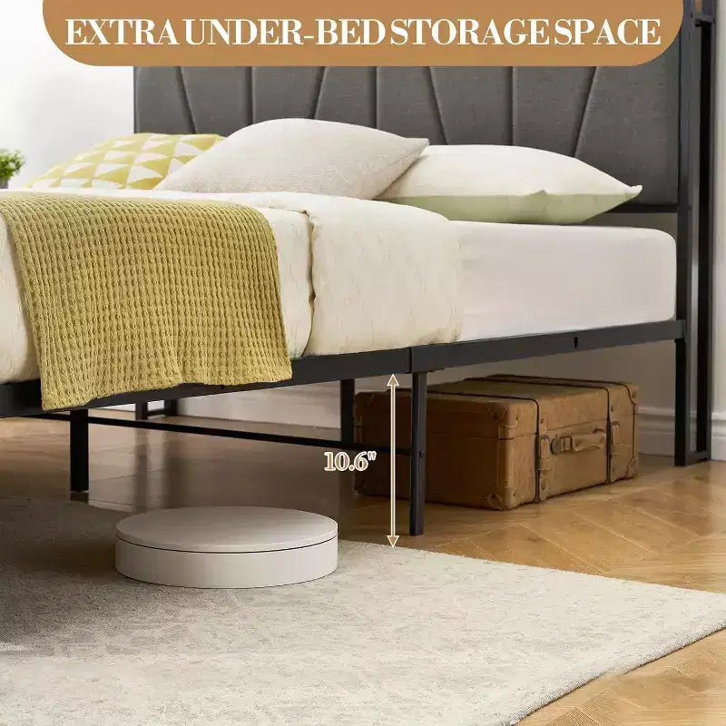 Queen Size Bed Frame with LED Lights and Charging Station, 2 Storage Drawers, Upholstered Bed Storage Headboard & Drawers, Easy Assembly, Noise Free