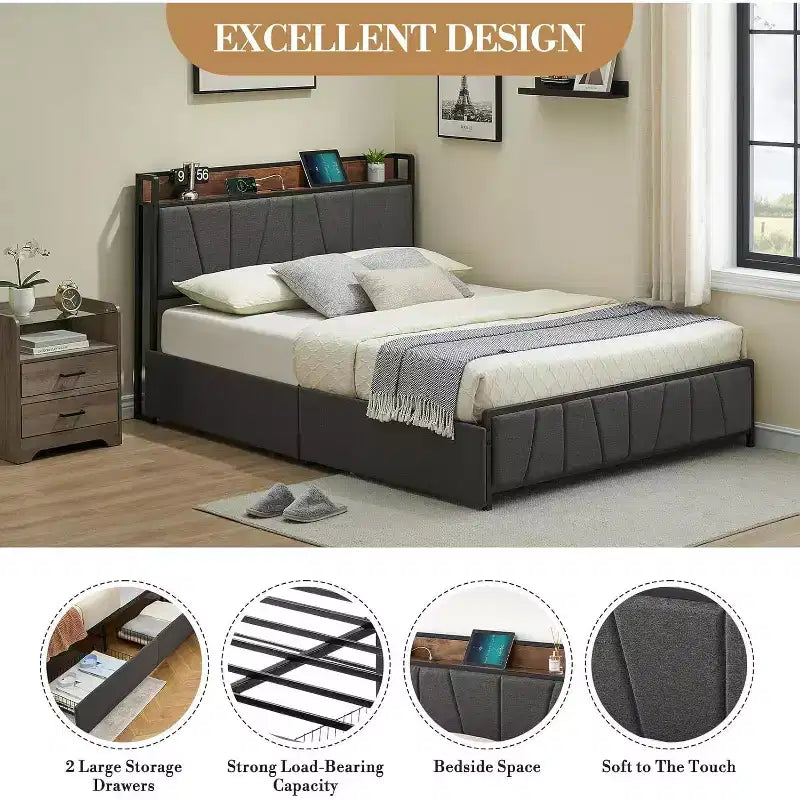 Queen Size Bed Frame with LED Lights and Charging Station, 2 Storage Drawers, Upholstered Bed Storage Headboard & Drawers, Easy Assembly, Noise Free