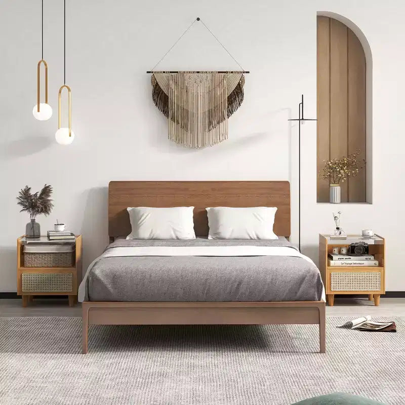 Costway 2PCS Bamboo Rattan Nightstand Boho Bedside End Table w/ Drawer Wood Legs