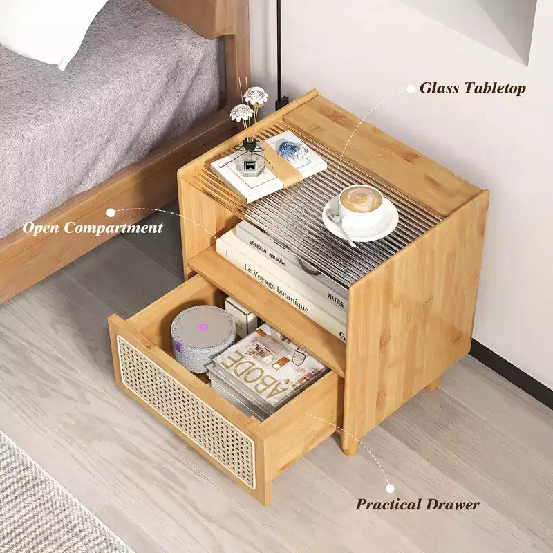 Costway 2PCS Bamboo Rattan Nightstand Boho Bedside End Table w/ Drawer Wood Legs