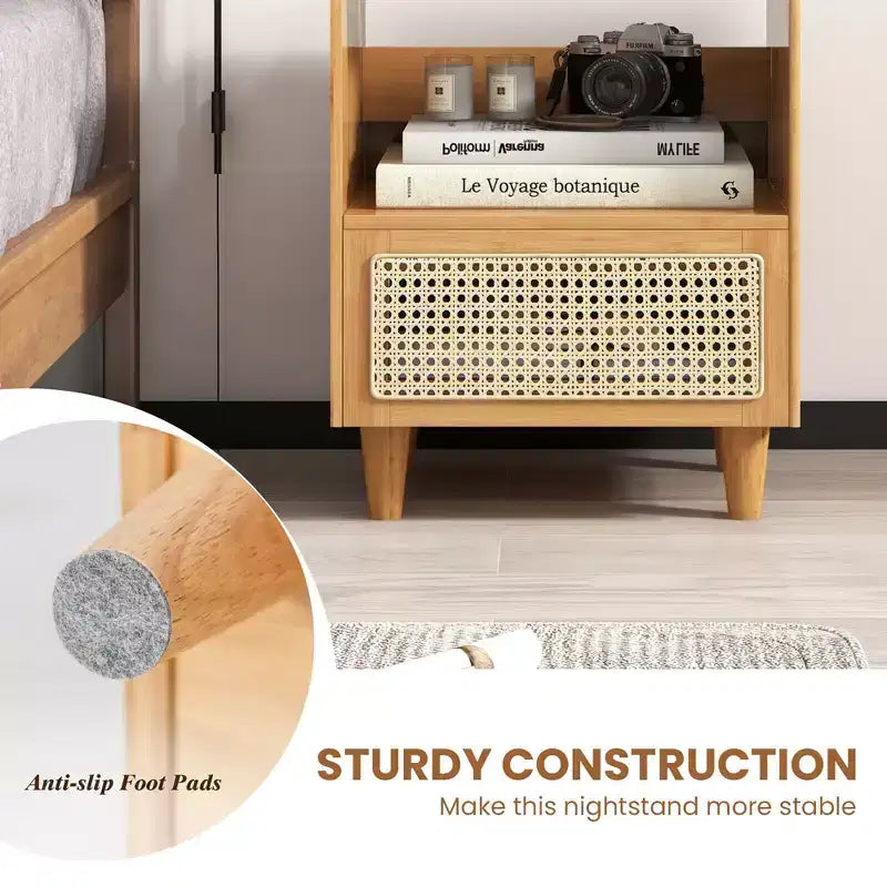 Costway 2PCS Bamboo Rattan Nightstand Boho Bedside End Table w/ Drawer Wood Legs