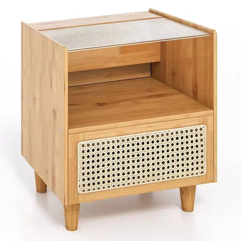 Costway 2PCS Bamboo Rattan Nightstand Boho Bedside End Table w/ Drawer Wood Legs