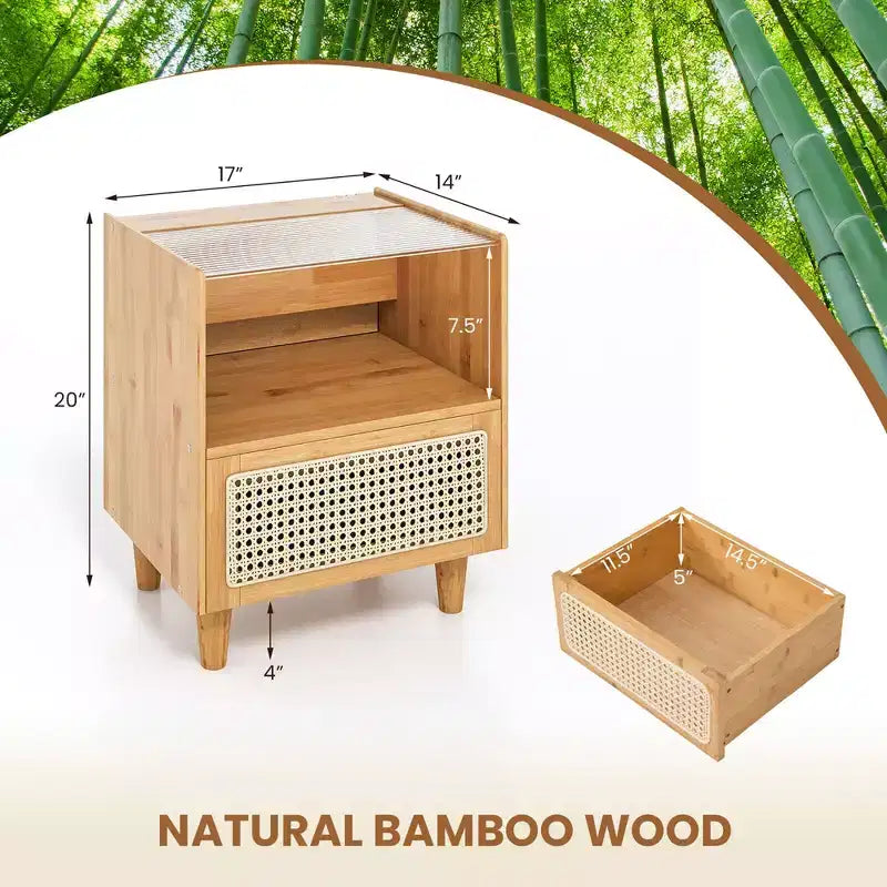 Costway 2PCS Bamboo Rattan Nightstand Boho Bedside End Table w/ Drawer Wood Legs