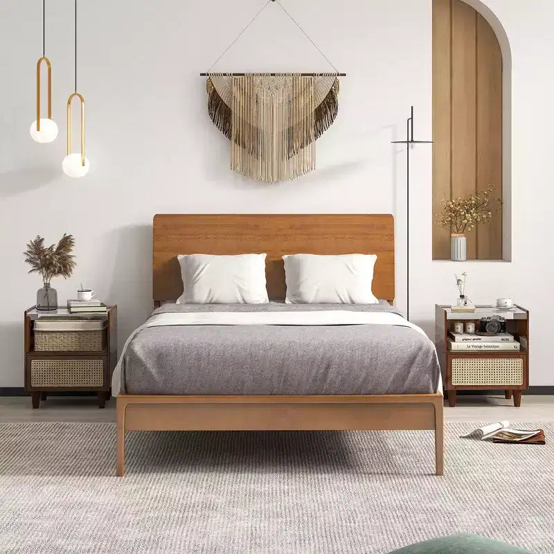 Costway 2PCS Bamboo Rattan Nightstand Boho Bedside End Table w/ Drawer Wood Legs