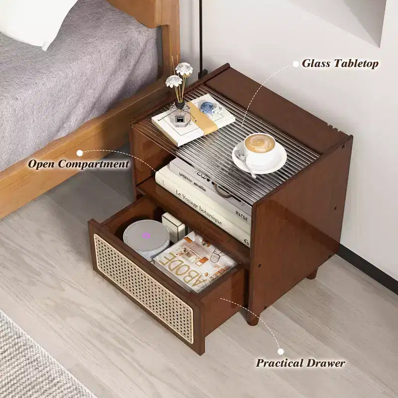 Costway 2PCS Bamboo Rattan Nightstand Boho Bedside End Table w/ Drawer Wood Legs