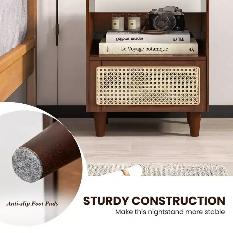 Costway 2PCS Bamboo Rattan Nightstand Boho Bedside End Table w/ Drawer Wood Legs