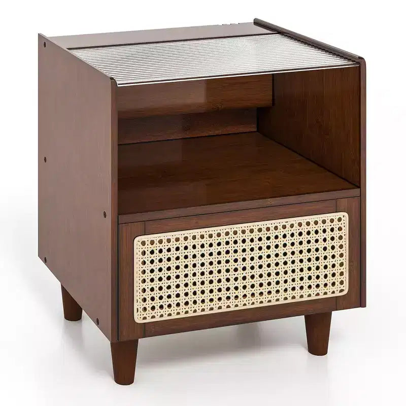 Costway 2PCS Bamboo Rattan Nightstand Boho Bedside End Table w/ Drawer Wood Legs