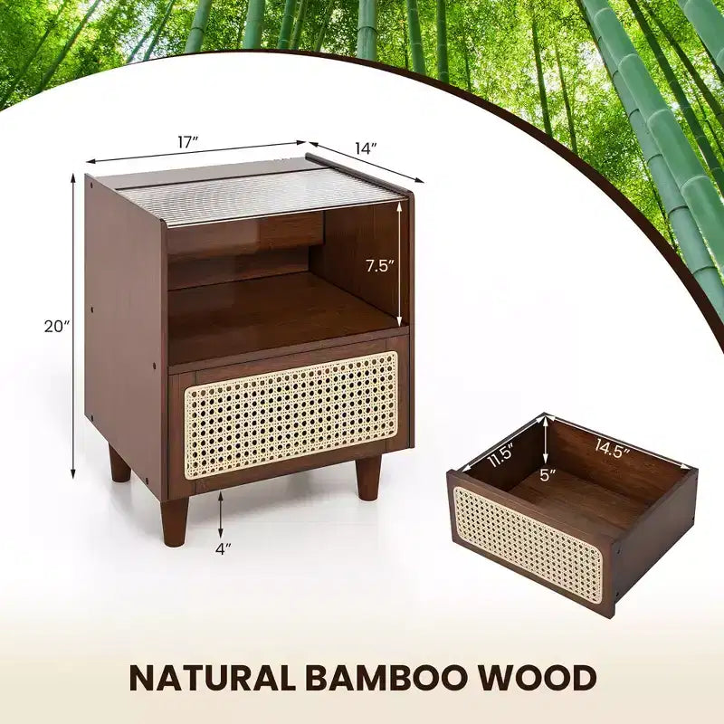 Costway 2PCS Bamboo Rattan Nightstand Boho Bedside End Table w/ Drawer Wood Legs