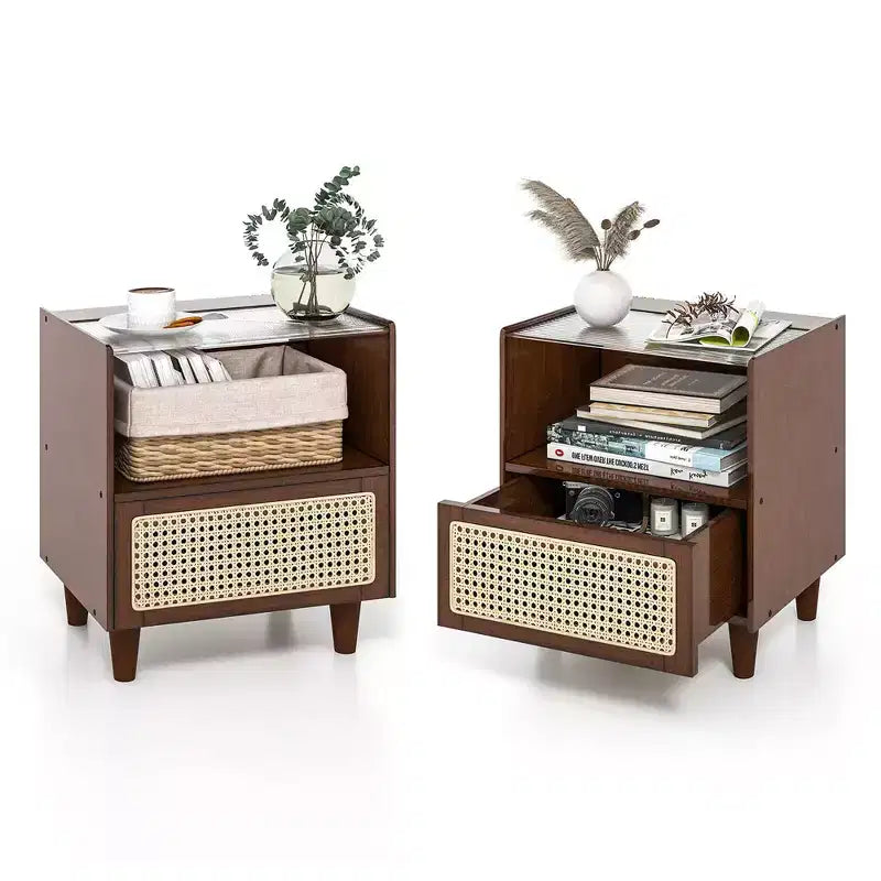 Costway 2PCS Bamboo Rattan Nightstand Boho Bedside End Table w/ Drawer Wood Legs