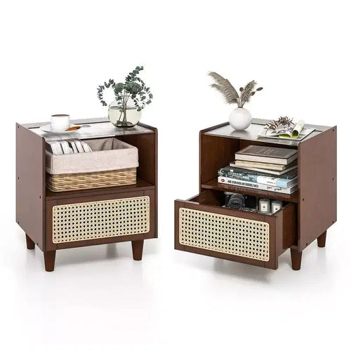 Costway 2PCS Bamboo Rattan Nightstand Boho Bedside End Table w/ Drawer Wood Legs