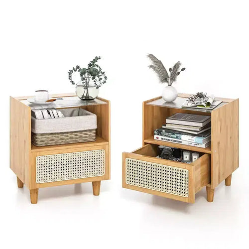Costway 2PCS Bamboo Rattan Nightstand Boho Bedside End Table w/ Drawer Wood Legs