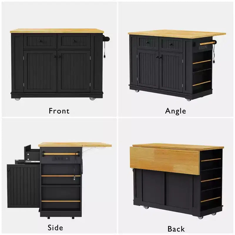 Kitchen Island with Drop Leaf and Wheels, Kitchen Storage Cart with Drawers and Storage Rack, Rolling Kitchen Island with Power Outlet