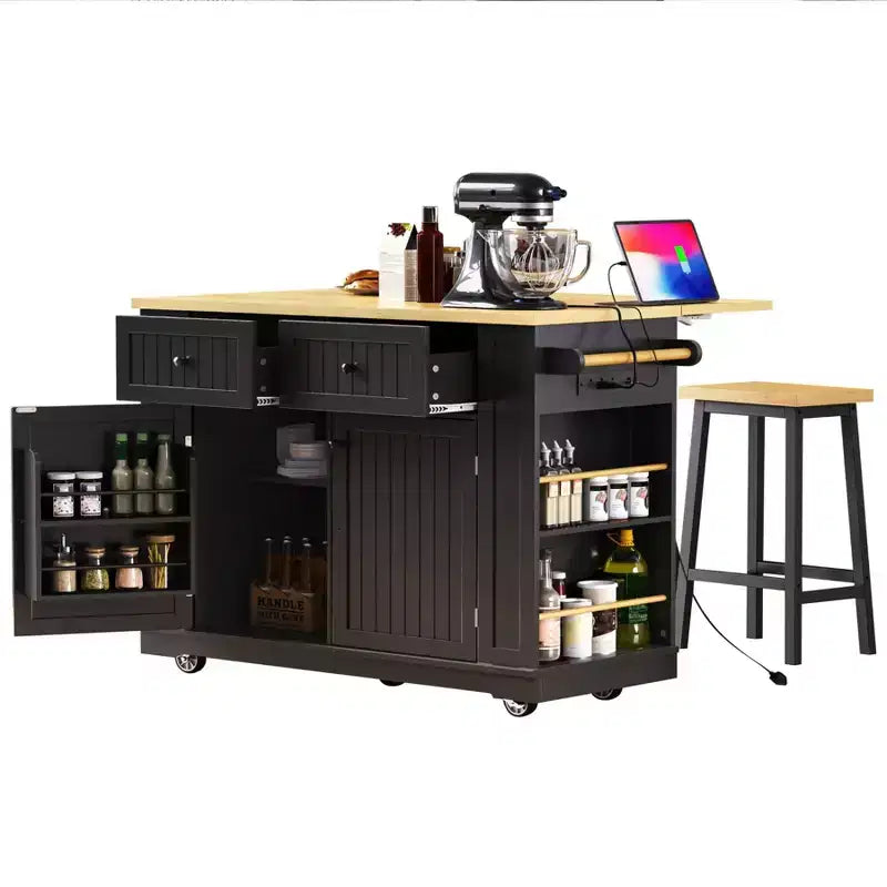 Kitchen Island with Drop Leaf and Wheels, Kitchen Storage Cart with Drawers and Storage Rack, Rolling Kitchen Island with Power Outlet