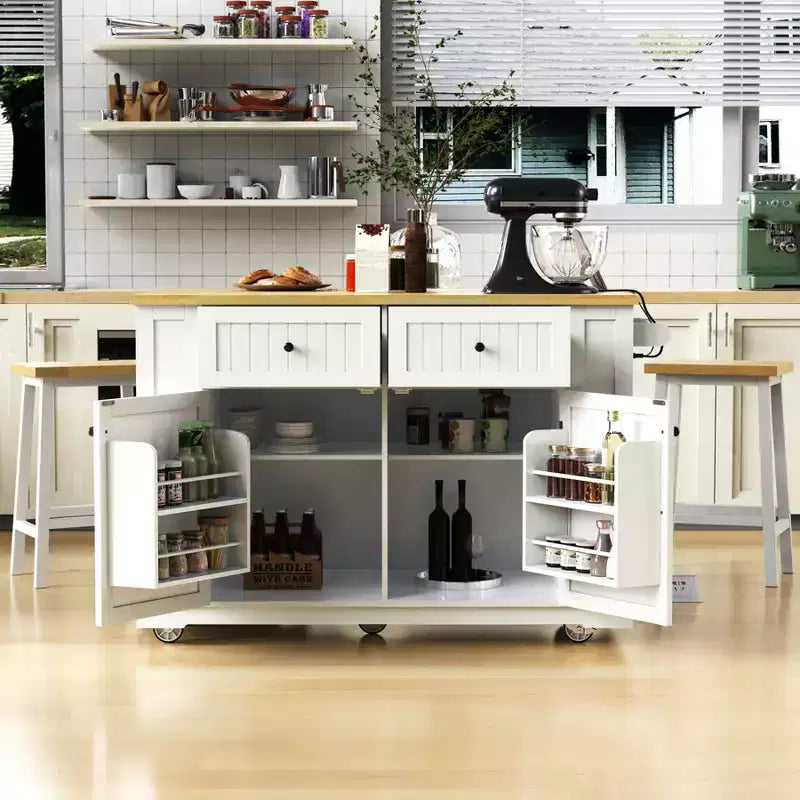 Kitchen Island with Drop Leaf and Wheels, Kitchen Storage Cart with Drawers and Storage Rack, Rolling Kitchen Island with Power Outlet