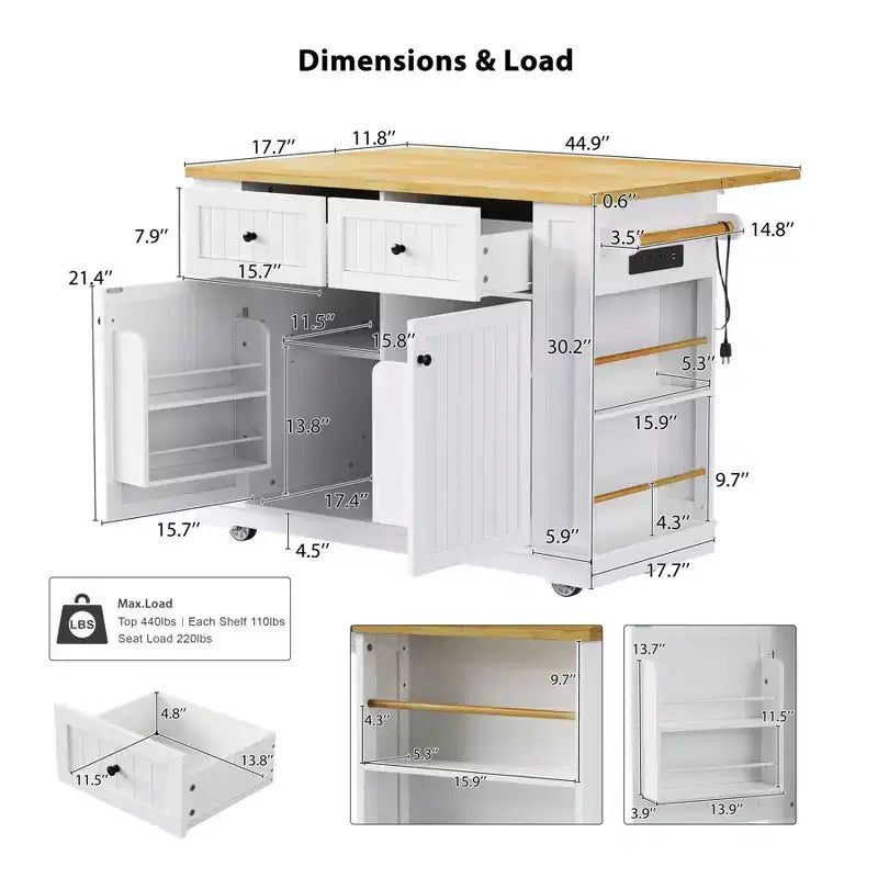 Kitchen Island with Drop Leaf and Wheels, Kitchen Storage Cart with Drawers and Storage Rack, Rolling Kitchen Island with Power Outlet