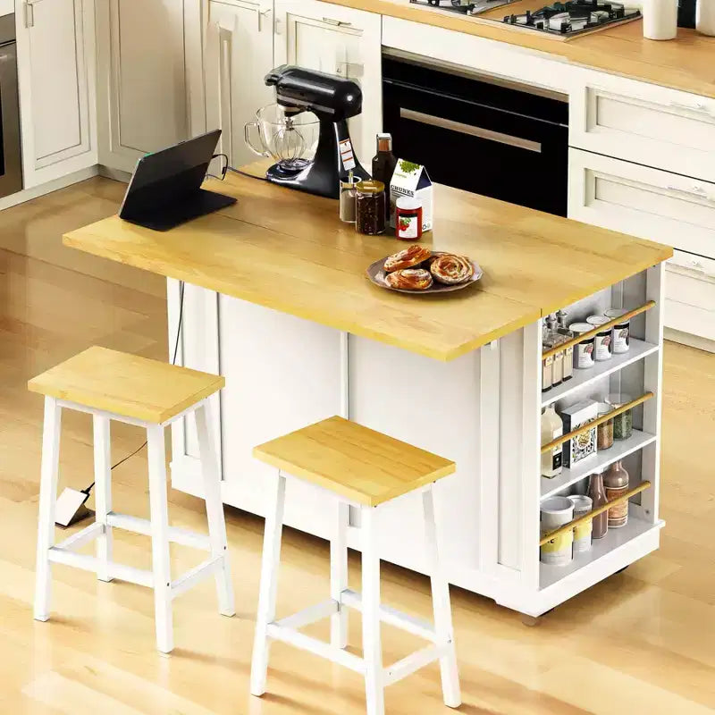 Kitchen Island with Drop Leaf and Wheels, Kitchen Storage Cart with Drawers and Storage Rack, Rolling Kitchen Island with Power Outlet