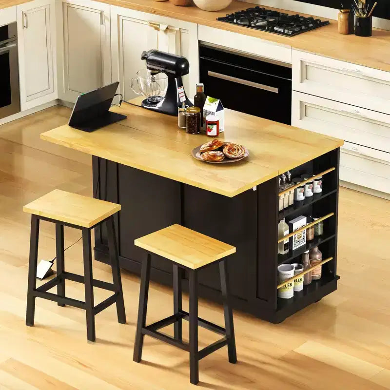 Kitchen Island with Drop Leaf and Wheels, Kitchen Storage Cart with Drawers and Storage Rack, Rolling Kitchen Island with Power Outlet