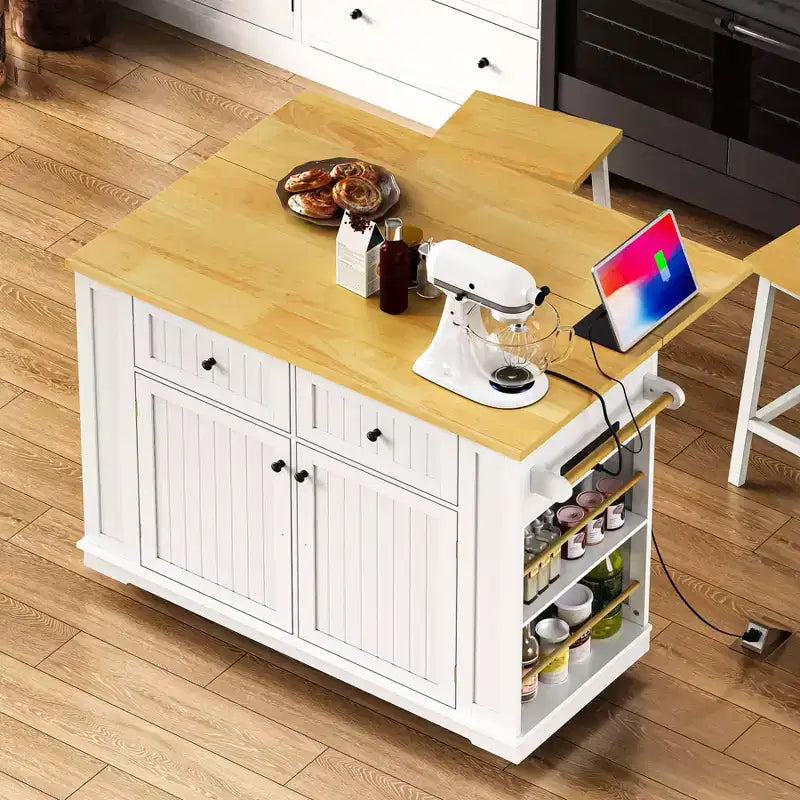 Kitchen Island with Drop Leaf and Wheels, Kitchen Storage Cart with Drawers and Storage Rack, Rolling Kitchen Island with Power Outlet