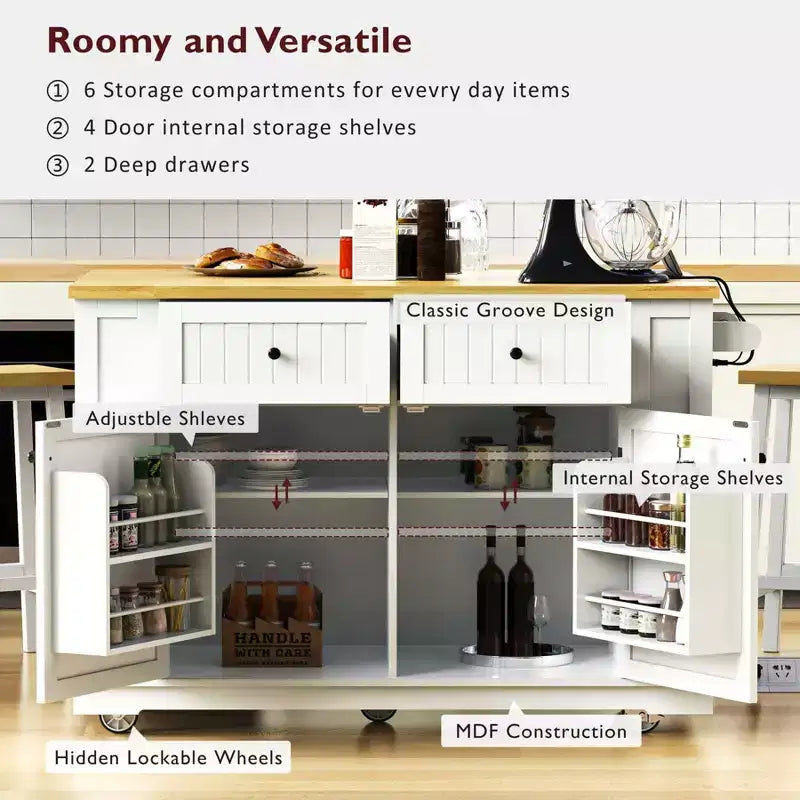 Kitchen Island with Drop Leaf and Wheels, Kitchen Storage Cart with Drawers and Storage Rack, Rolling Kitchen Island with Power Outlet