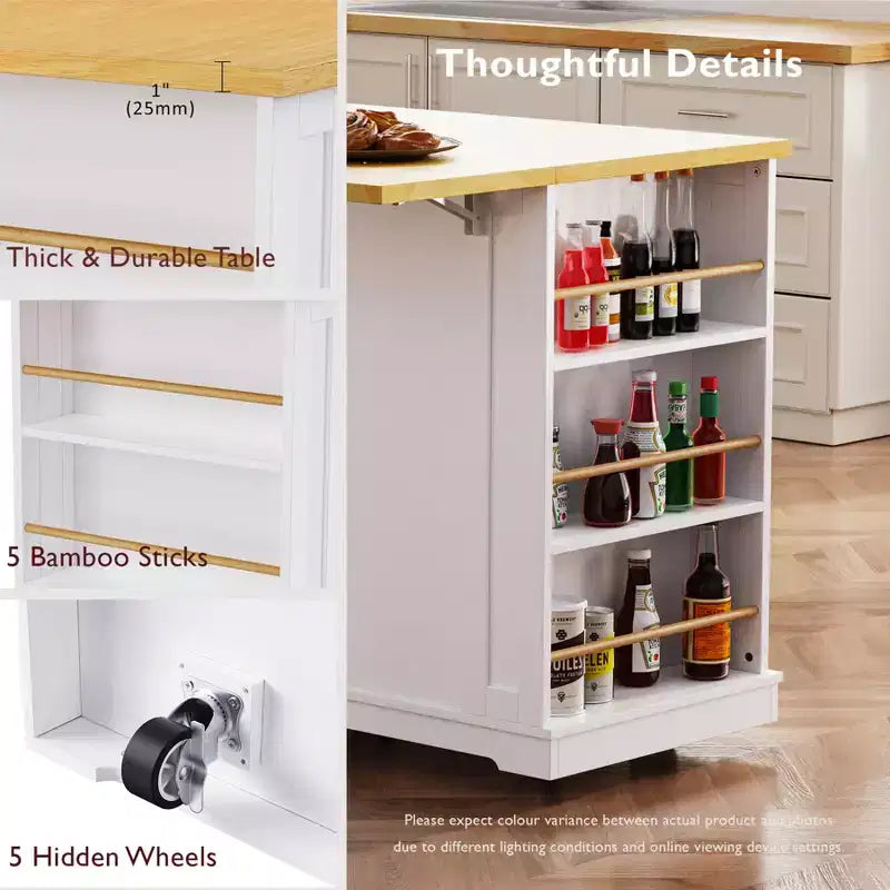 Kitchen Island with Drop Leaf and Wheels, Kitchen Storage Cart with Drawers and Storage Rack, Rolling Kitchen Island with Power Outlet