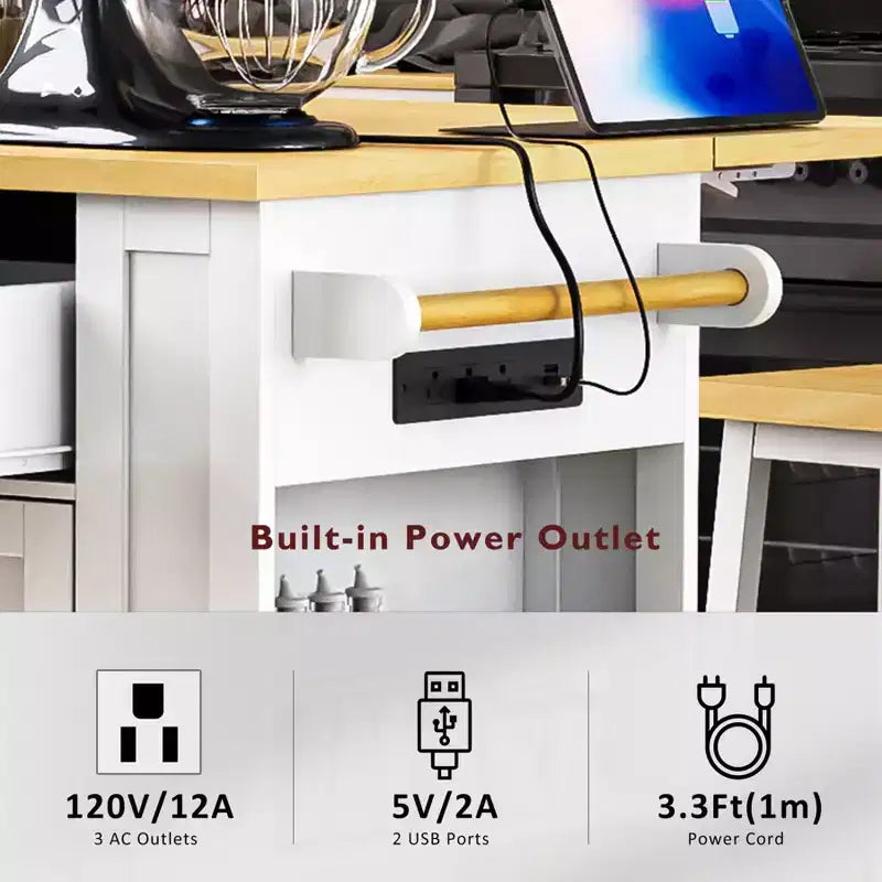 Kitchen Island with Drop Leaf and Wheels, Kitchen Storage Cart with Drawers and Storage Rack, Rolling Kitchen Island with Power Outlet