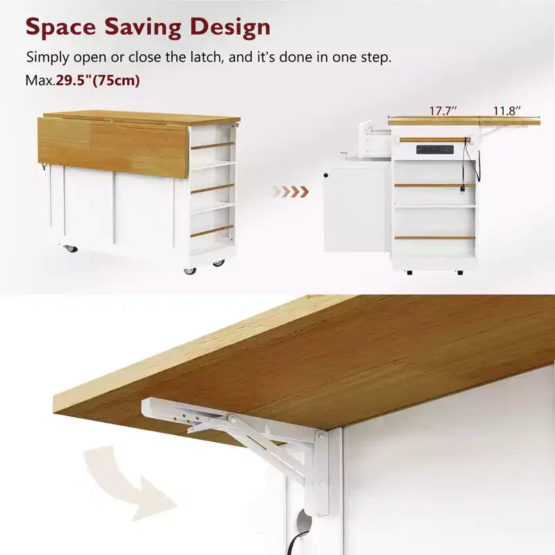 Kitchen Island with Drop Leaf and Wheels, Kitchen Storage Cart with Drawers and Storage Rack, Rolling Kitchen Island with Power Outlet