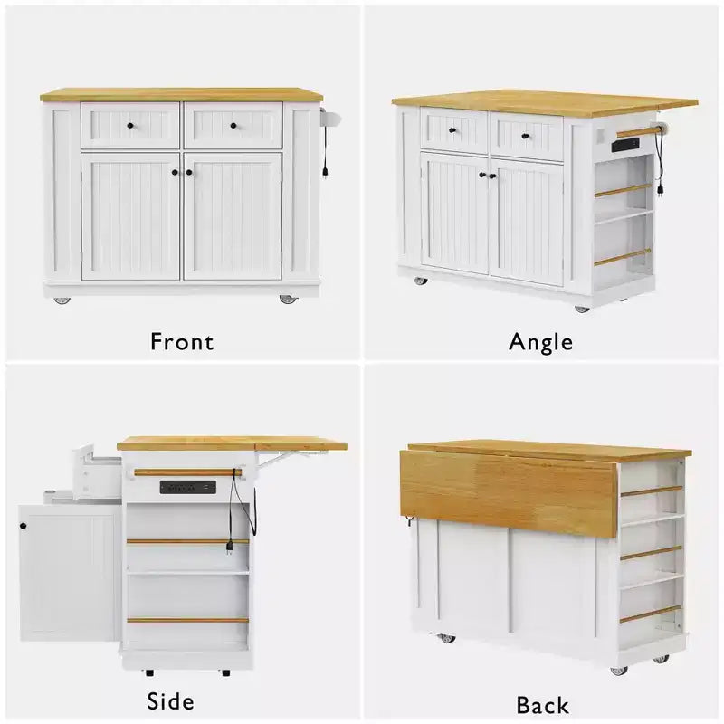 Kitchen Island with Drop Leaf and Wheels, Kitchen Storage Cart with Drawers and Storage Rack, Rolling Kitchen Island with Power Outlet