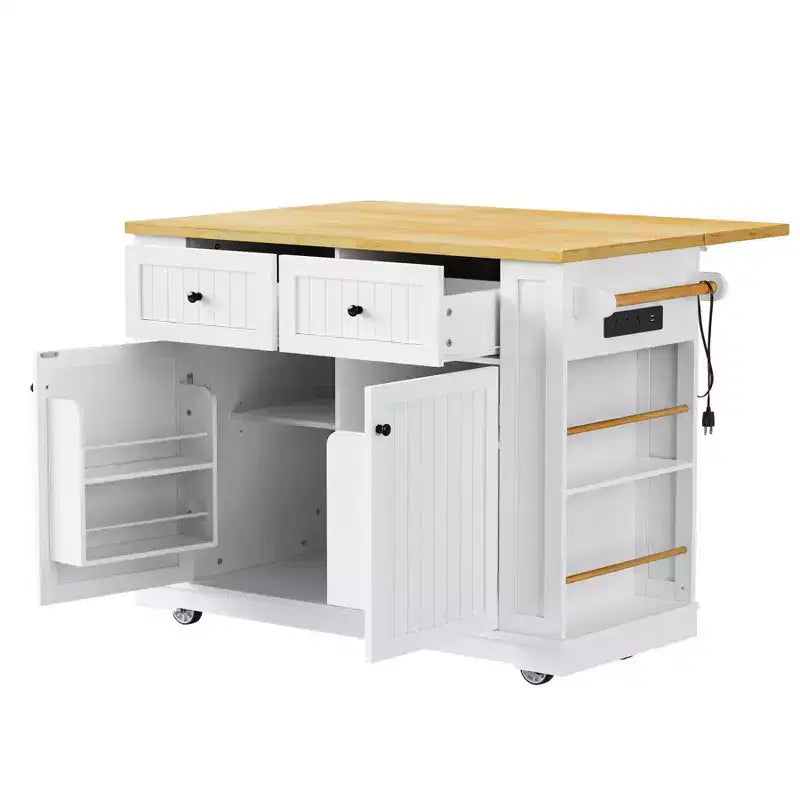 Kitchen Island with Drop Leaf and Wheels, Kitchen Storage Cart with Drawers and Storage Rack, Rolling Kitchen Island with Power Outlet