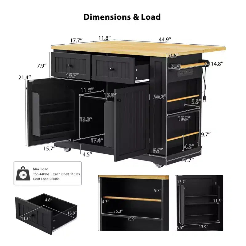 Kitchen Island with Drop Leaf and Wheels, Kitchen Storage Cart with Drawers and Storage Rack, Rolling Kitchen Island with Power Outlet
