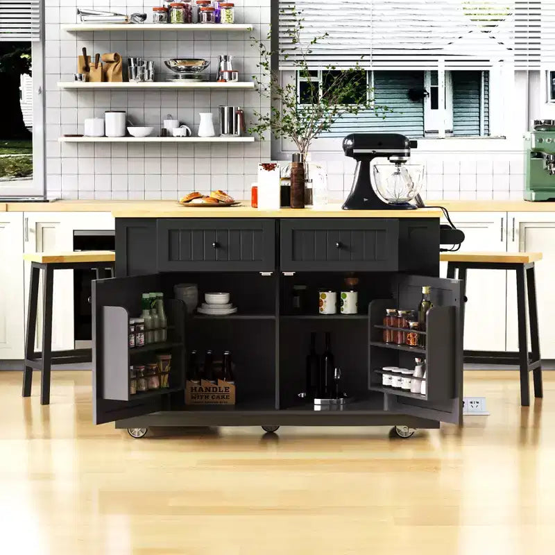 Kitchen Island with Drop Leaf and Wheels, Kitchen Storage Cart with Drawers and Storage Rack, Rolling Kitchen Island with Power Outlet