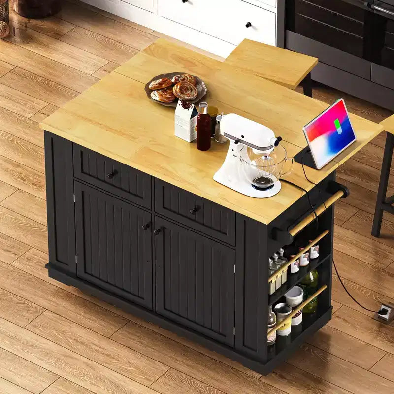 Kitchen Island with Drop Leaf and Wheels, Kitchen Storage Cart with Drawers and Storage Rack, Rolling Kitchen Island with Power Outlet