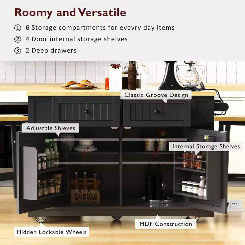 Kitchen Island with Drop Leaf and Wheels, Kitchen Storage Cart with Drawers and Storage Rack, Rolling Kitchen Island with Power Outlet