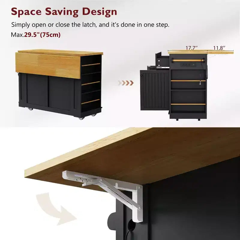 Kitchen Island with Drop Leaf and Wheels, Kitchen Storage Cart with Drawers and Storage Rack, Rolling Kitchen Island with Power Outlet