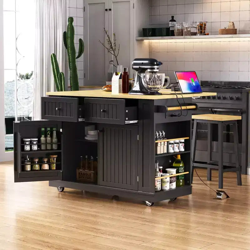 Kitchen Island with Drop Leaf and Wheels, Kitchen Storage Cart with Drawers and Storage Rack, Rolling Kitchen Island with Power Outlet