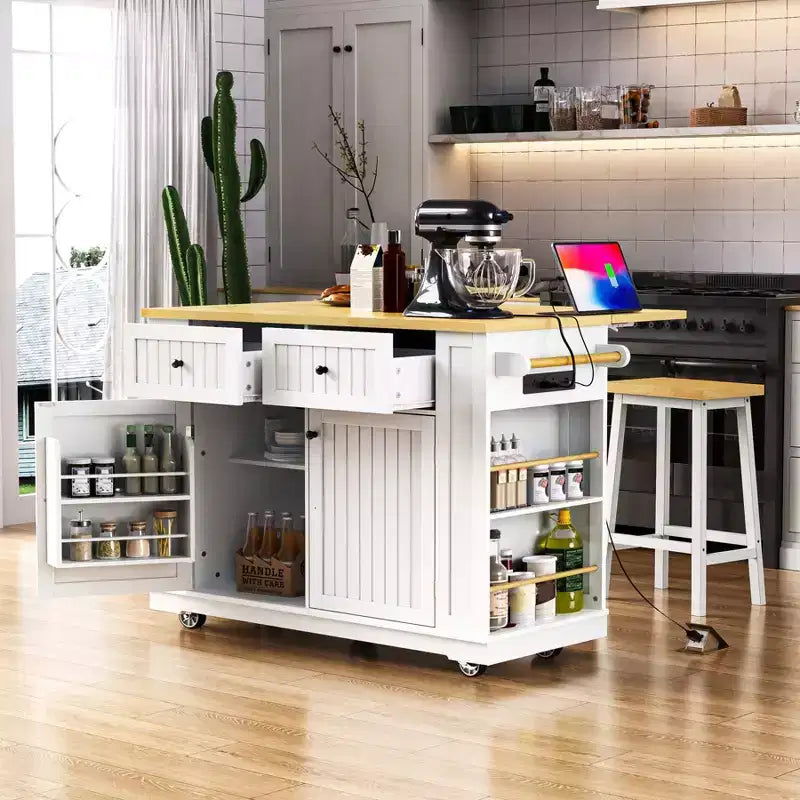 Kitchen Island with Drop Leaf and Wheels, Kitchen Storage Cart with Drawers and Storage Rack, Rolling Kitchen Island with Power Outlet
