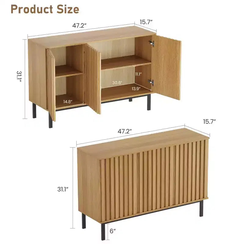 60 Sideboard Buffet Cabinet with Storage, Wooden Large Storage Cabinet with Fluted Doors and Adjustable Shelf, Modern Freestanding Coffee Bar