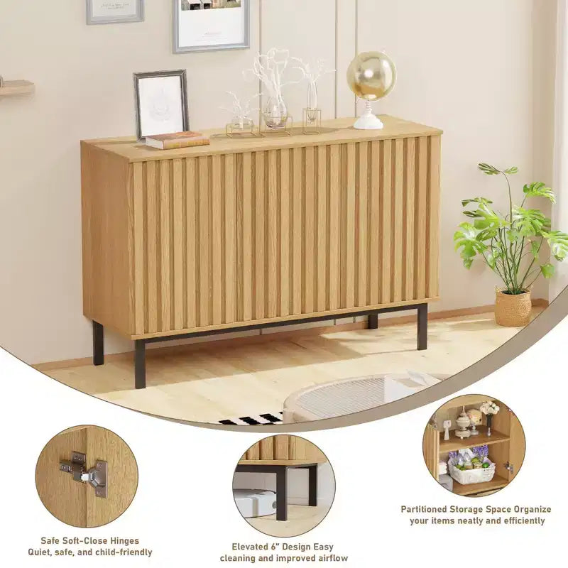 60 Sideboard Buffet Cabinet with Storage, Wooden Large Storage Cabinet with Fluted Doors and Adjustable Shelf, Modern Freestanding Coffee Bar