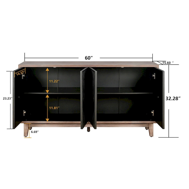 Buffet/Crédence Mid-Century avec Pieds en Bois Massif, 4 Portes et 2 Étagères