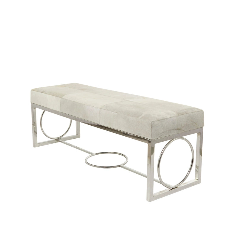 Banc en cuir de vache avec base argentée à découpes géométriques beige