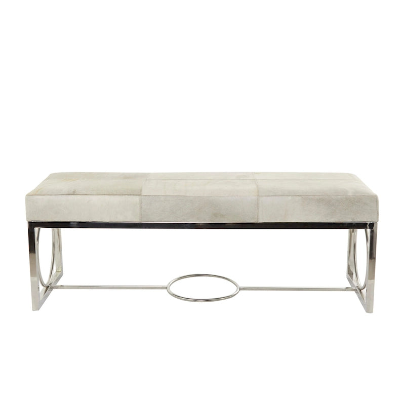 Banc en cuir de vache avec base argentée à découpes géométriques beige