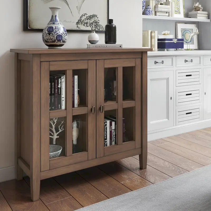 Meuble de rangement bas de style transitionnel en bois massif, 81 cm de large