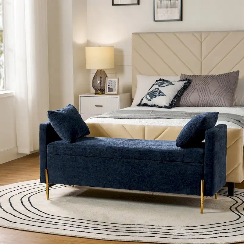 Banc de rangement capitonné à plateau relevable avec deux coussins et accoudoirs