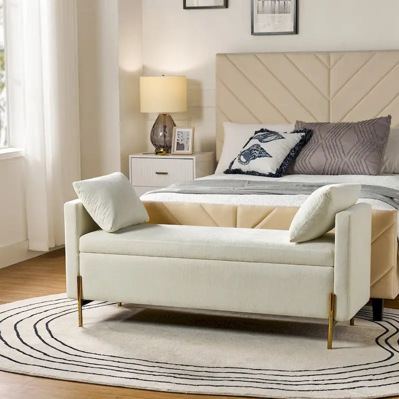 Banc de rangement capitonné à plateau relevable avec deux coussins et accoudoirs