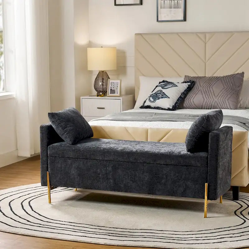 Banc de rangement capitonné à plateau relevable avec deux coussins et accoudoirs
