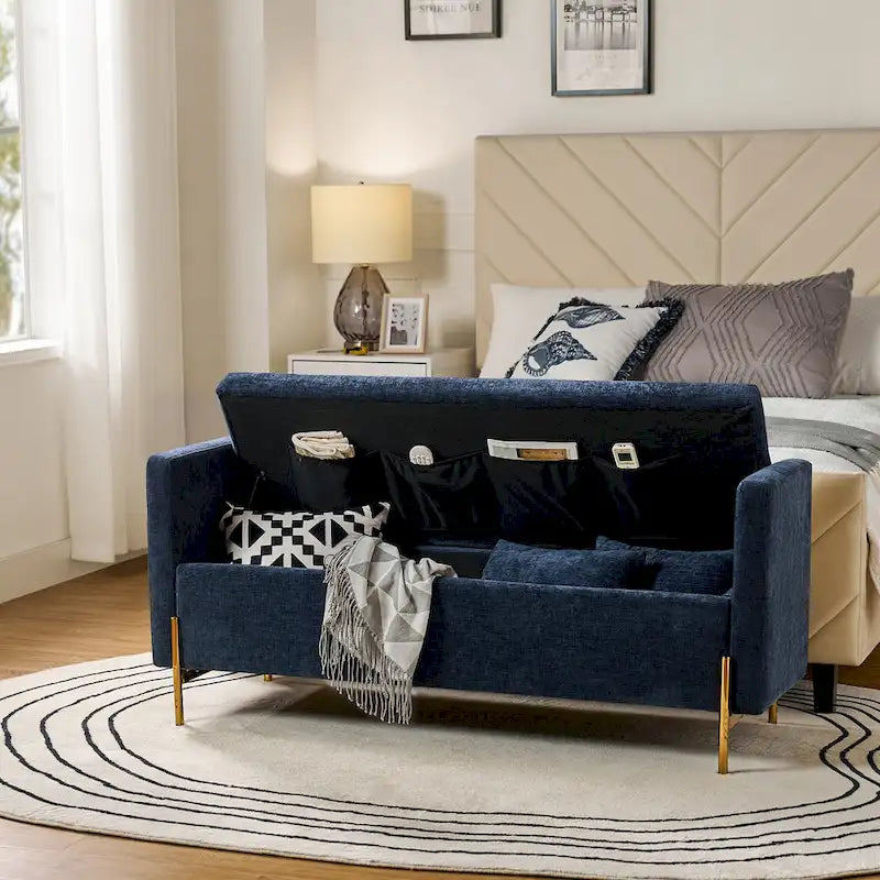 Banc de rangement capitonné à plateau relevable avec deux coussins et accoudoirs