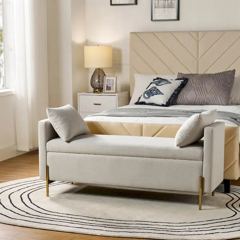 Banc de rangement capitonné à plateau relevable avec deux coussins et accoudoirs