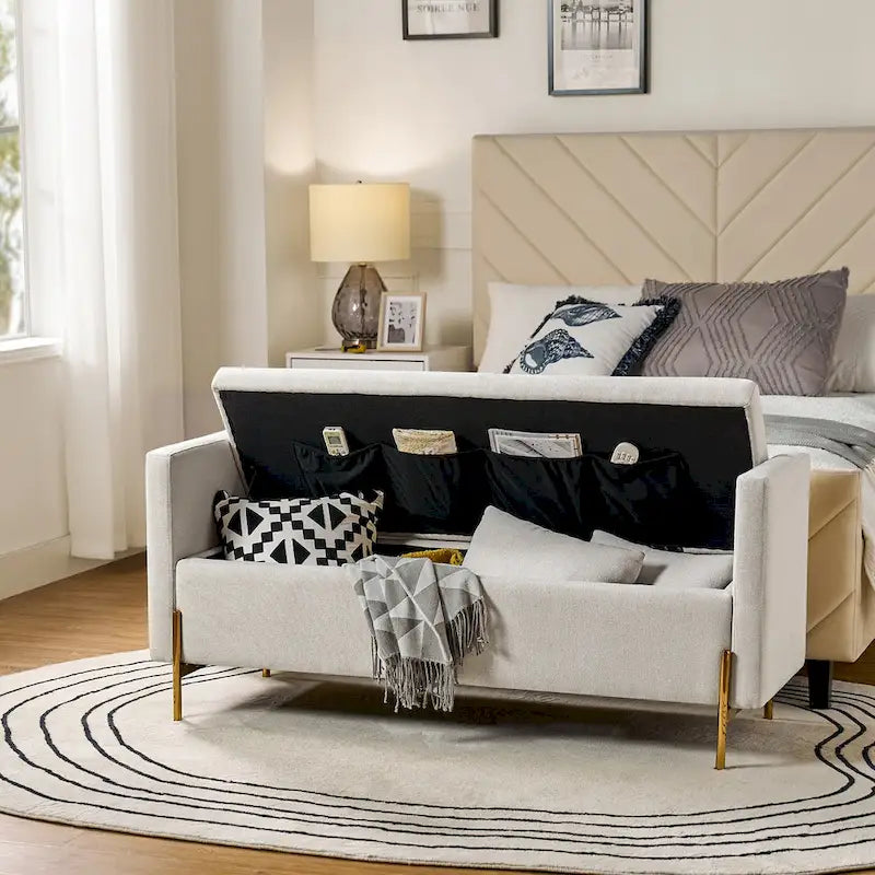Banc de rangement capitonné à plateau relevable avec deux coussins et accoudoirs